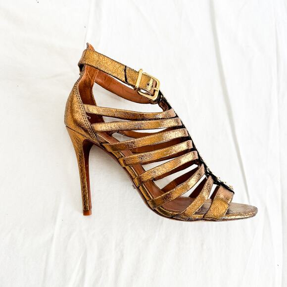 Schutz Metallic Gold Caged Sandals Stiletto Heel Size 9 - Picture 3 of 6